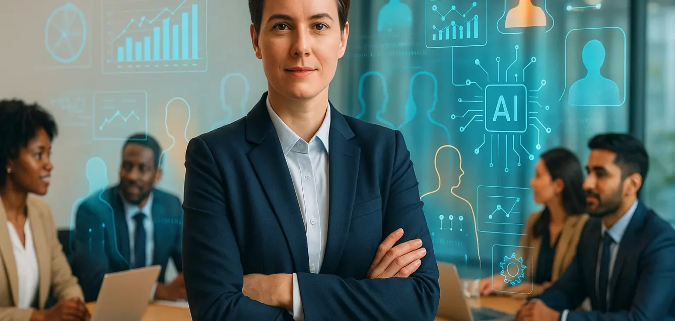 Leadership hybride : humains et IA collaborent pour des décisions plus éclairées Dirigeant et équipe collaborant avec interfaces holographiques d'IA dans une salle de réunion moderne