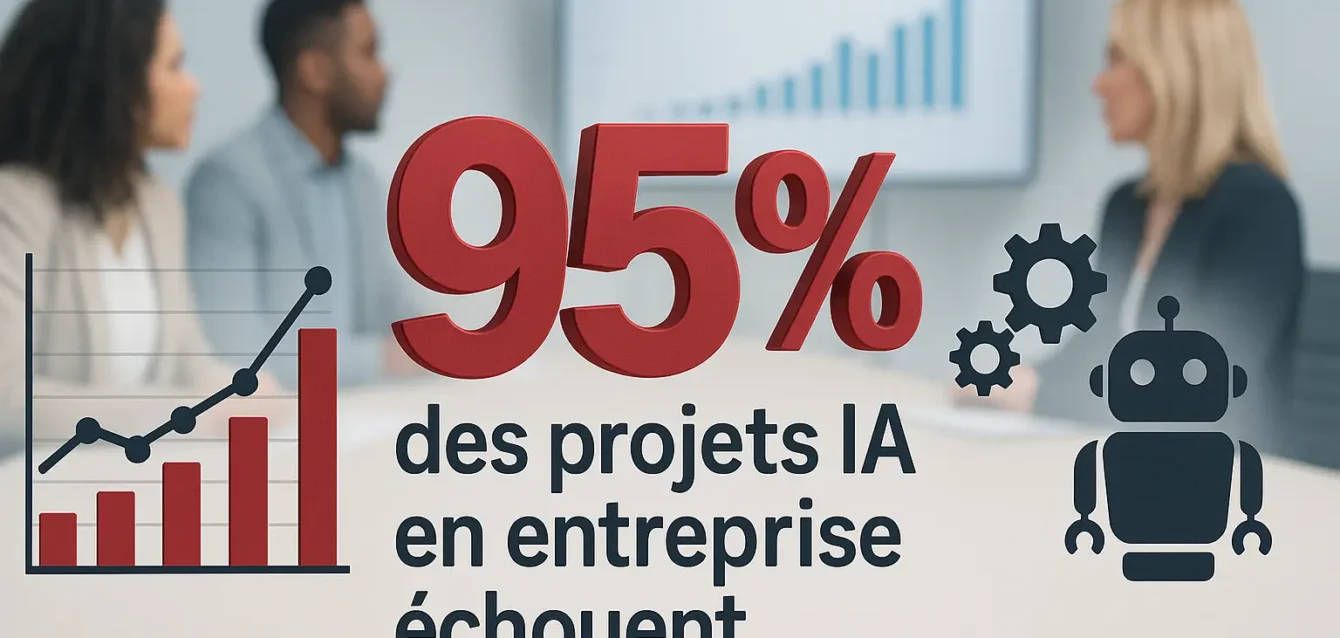 Étude MIT : 95% des projets d'IA en entreprise échouent — causes et solutions. Couverture d'article montrant le chiffre 95% en rouge avec un graphique d'échecs et une équipe en réunion, illustrant l'étude MIT sur l'échec des projets IA en entreprise.