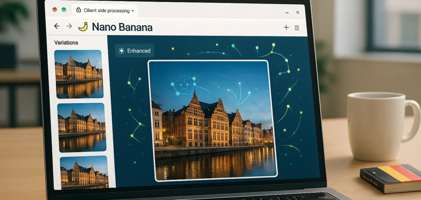 Interface de Nano Banana, éditeur d'images IA de Google, affiché dans un navigateur avec outils de retouche et icône banane