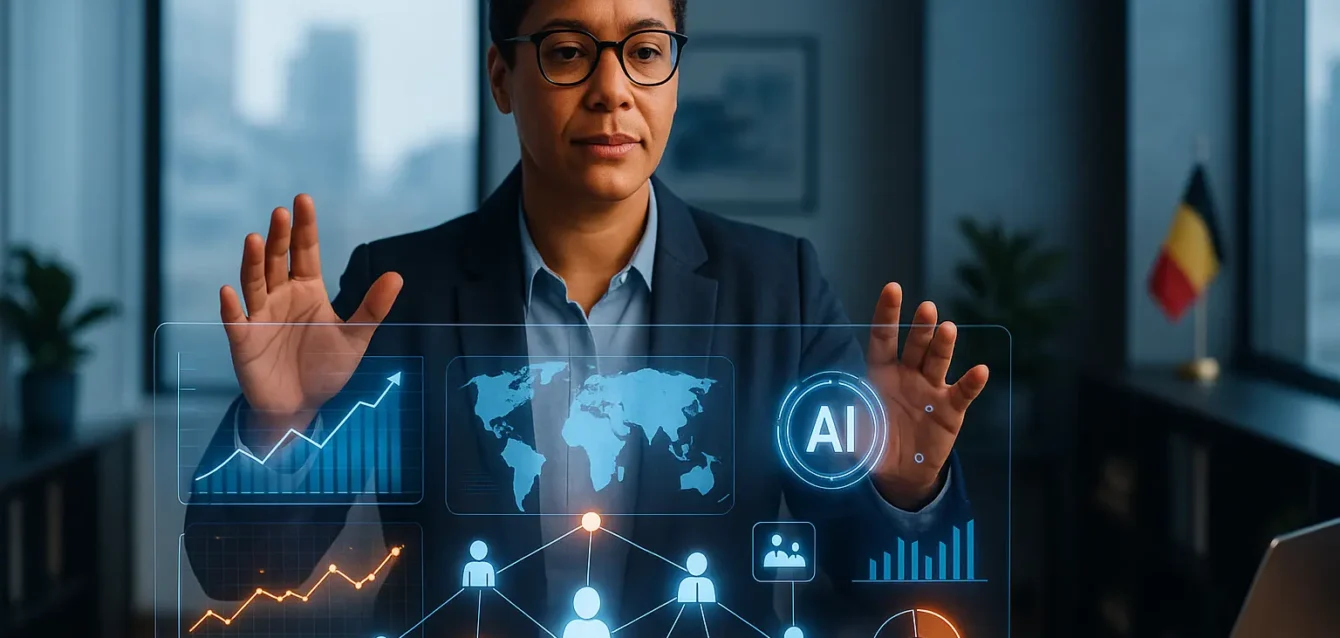 Leadership à l'ère de l'IA : orchestrer la synergie entre humains et systèmes intelligents. Dirigeant orchestrant une interface holographique symbolisant la collaboration humain-IA