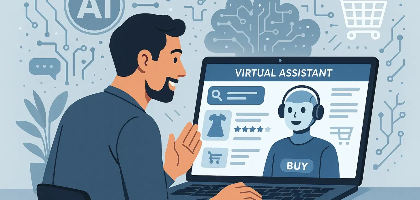 Illustration d'un utilisateur conversant avec un assistant virtuel pour faire ses achats en ligne.
