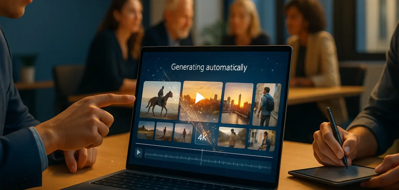 Testez Veo 3 — l'IA vidéo de Google accessible temporairement Écran montrant une interface générative vidéo 4K entouré de professionnels en bureau moderne