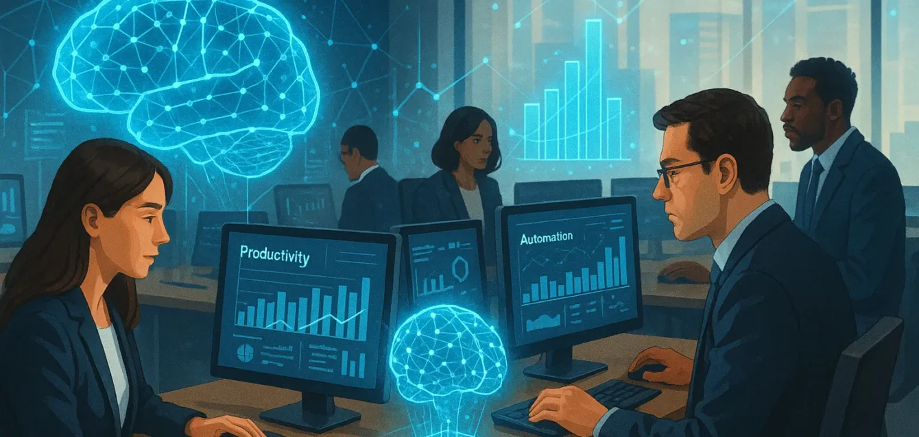 Professionnels en entreprise utilisant l'intelligence artificielle générative pour la transformation numérique