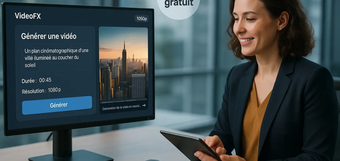 Veo 3 via VideoFX : générez des vidéos 1080p professionnelles en quelques secondes (essai gratuit). Dirigeante belge utilisant Veo 3 via l'interface VideoFX : écran affichant une vidéo 1080p en génération (essai gratuit).