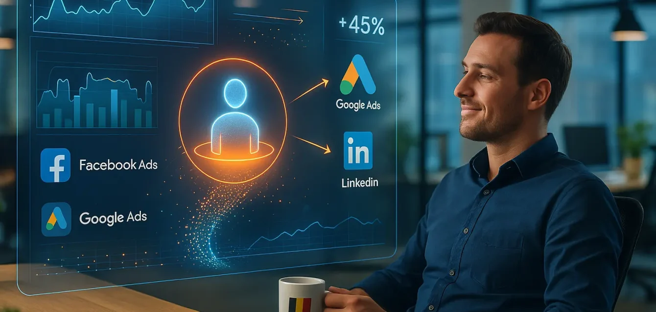 Adobe GenStudio : agents IA autonomes qui pilotent campagnes, budgets et création en temps réel. Agent d'IA Adobe pilotant des campagnes marketing sur tableaux de bord holographiques