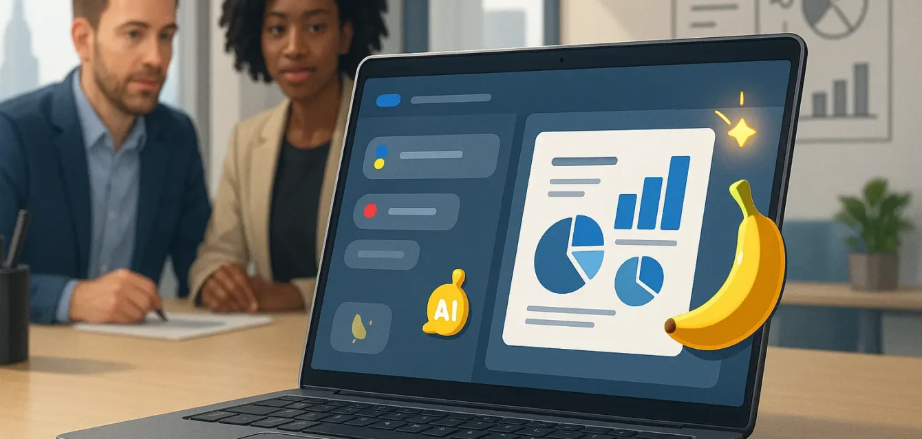 Ordinateur affichant une interface de chat générant un visuel, icône "nano‑banana" et étincelle Firefly, équipe professionnelle en arrière‑plan
