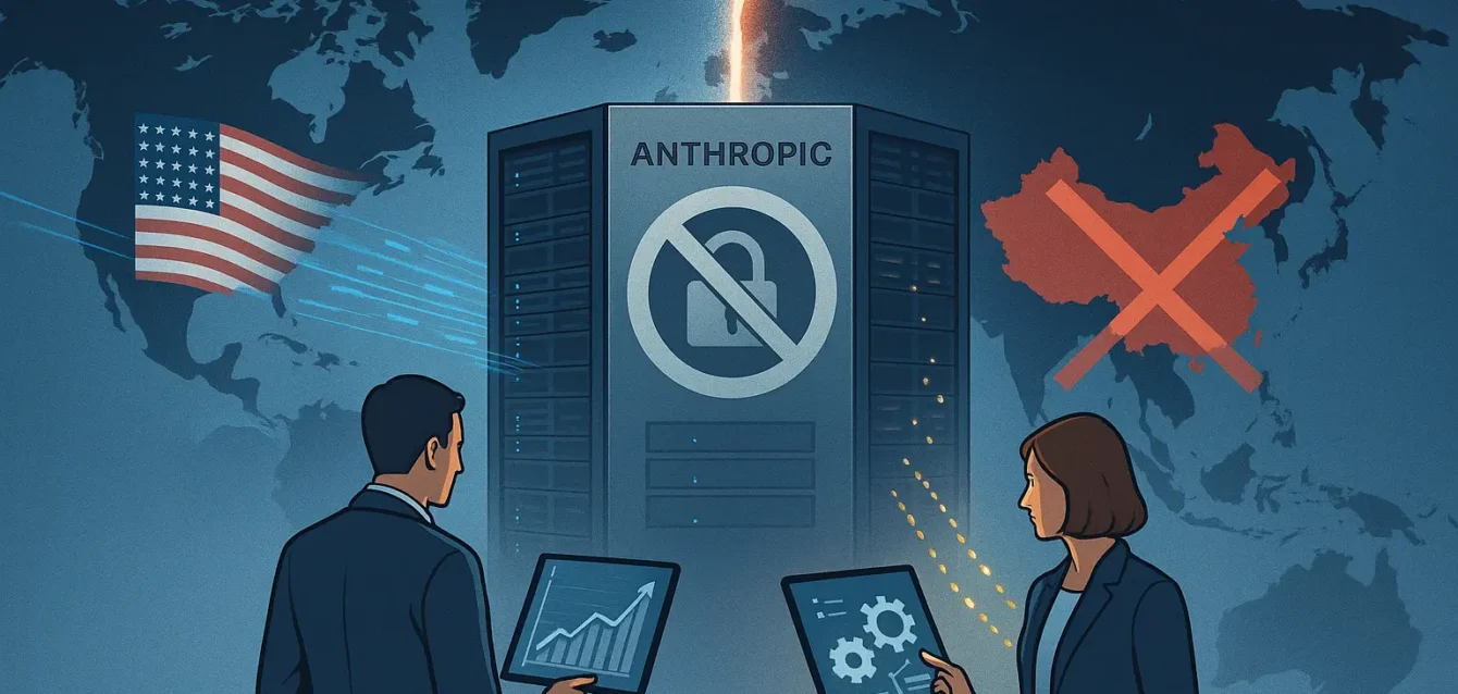 Illustration montrant Anthropic bloquant l'accès des entités chinoises à ses services IA : carte du monde divisée, serveurs Anthropic et icône d'interdiction.