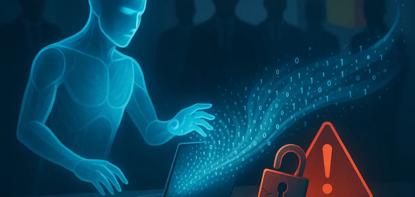 Anthropic admet que la fonction Computer Use de Claude peut mettre les données d'entreprise en danger. Silhouette d'IA contrôlant un ordinateur portable, flux de données s'échappant et icône d'avertissement rouge, avec drapeau belge en arrière-plan