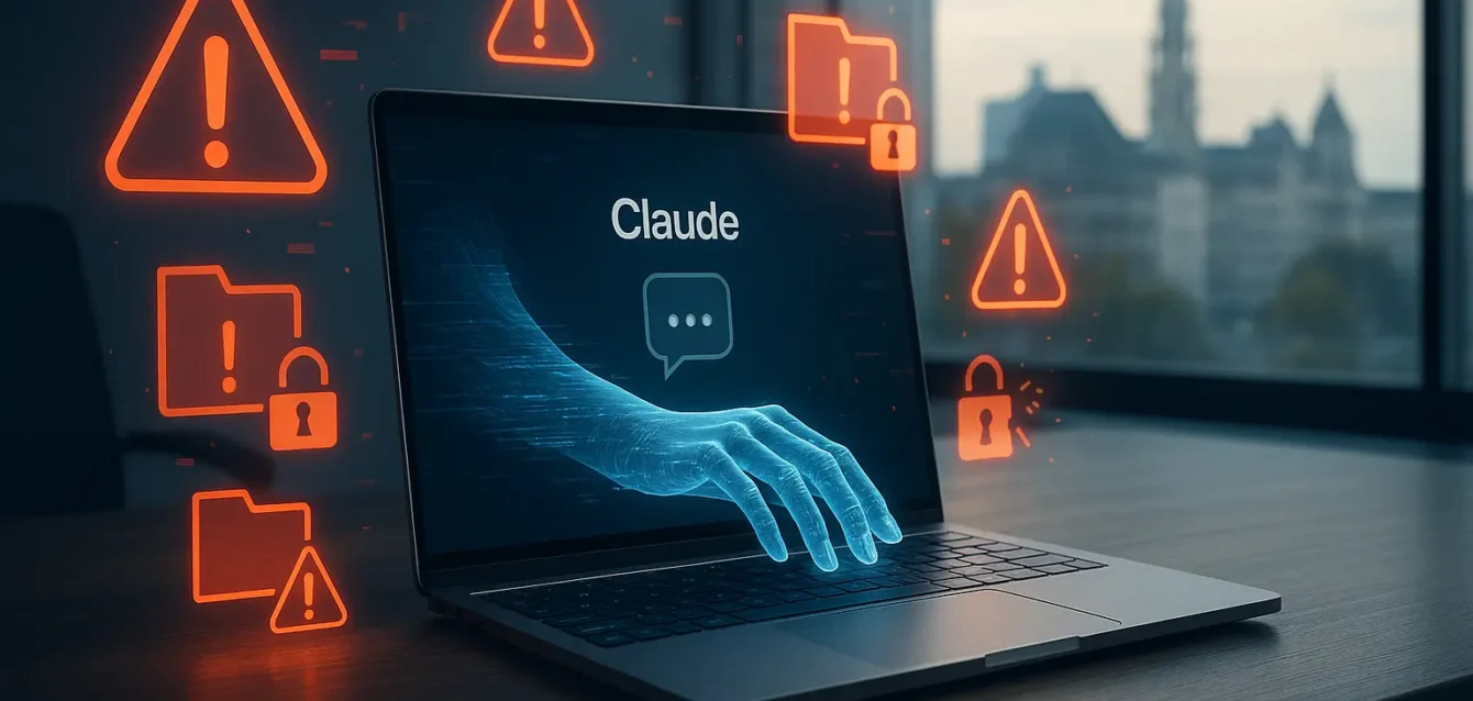 La fonctionnalité 'Computer Use' de Claude peut exposer des données sensibles si elle n'est pas sécurisée. Ordinateur contrôlé par une main IA translucide avec icônes d'alerte et cadenas rompue