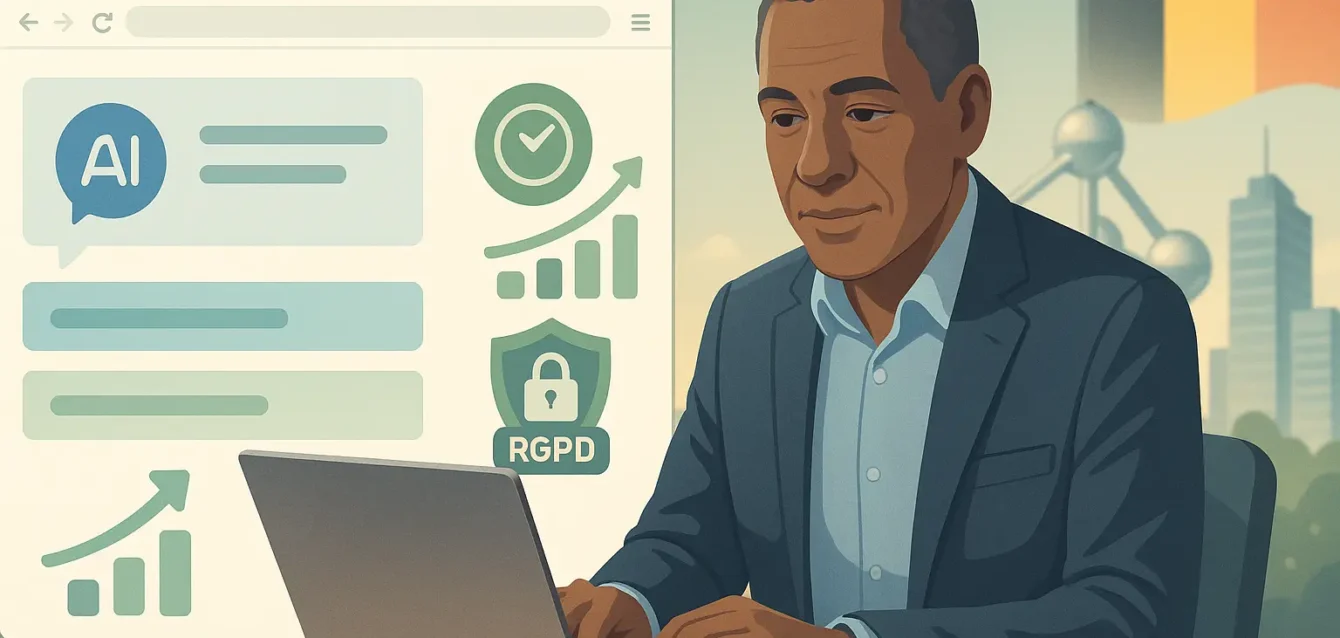 Claude AI dans le navigateur : productivité, simplicité et conformité RGPD pour les PME belges Couverture montrant Claude AI intégré au navigateur, entrepreneur belge utilisant l'IA avec icône de sécurité RGPD et graphiques de productivité
