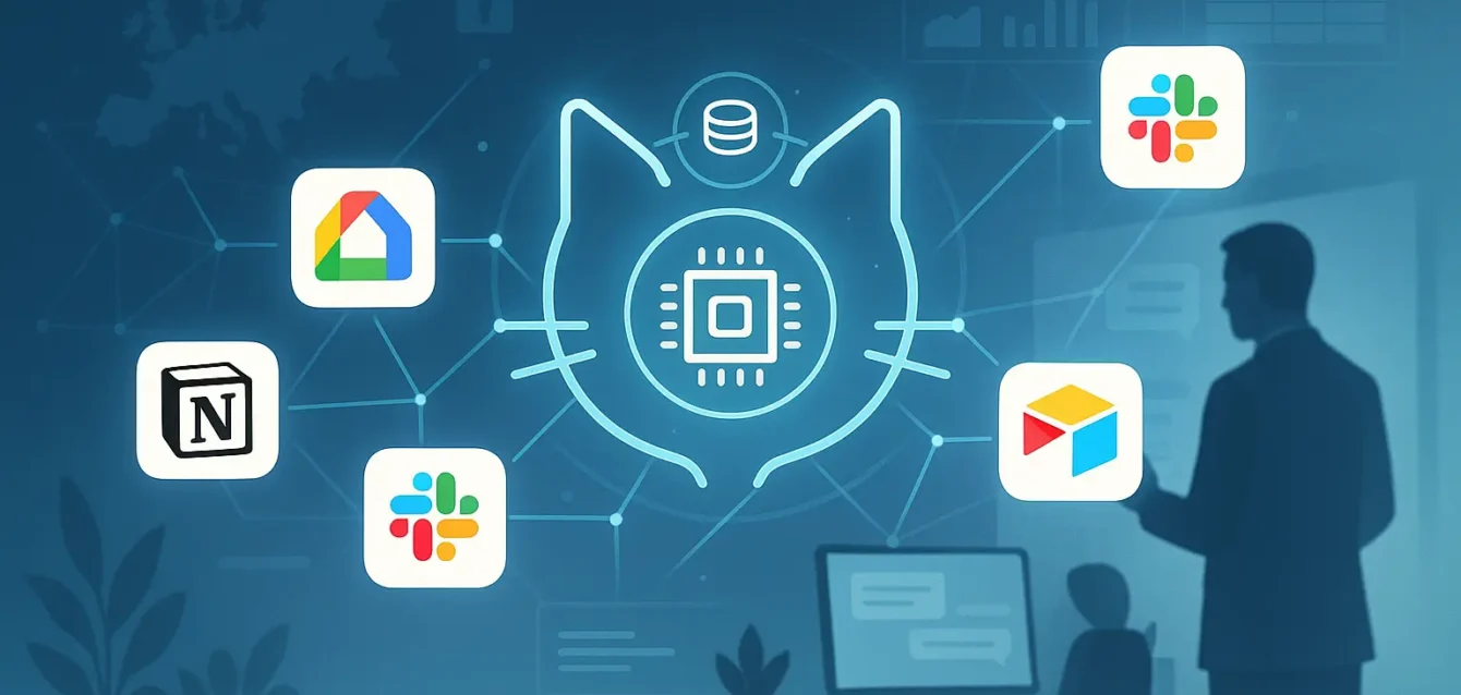 Couverture : avatar IA 'Le Chat' connecté à des outils métiers (Google Workspace, Notion, Slack) dans un bureau professionnel, avec icône RGPD.