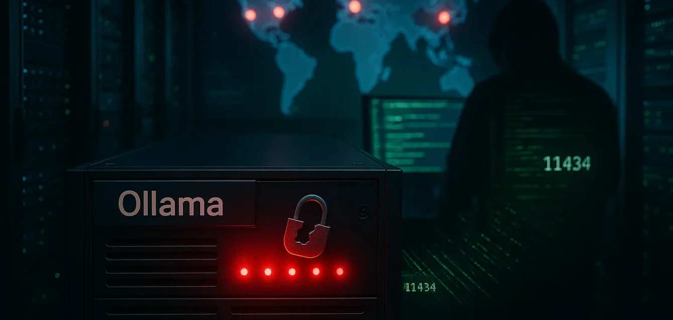 Serveur Ollama exposé en ligne avec cadenas brisé, voyants d'alerte et carte mondiale indiquant Chine, Allemagne et États-Unis