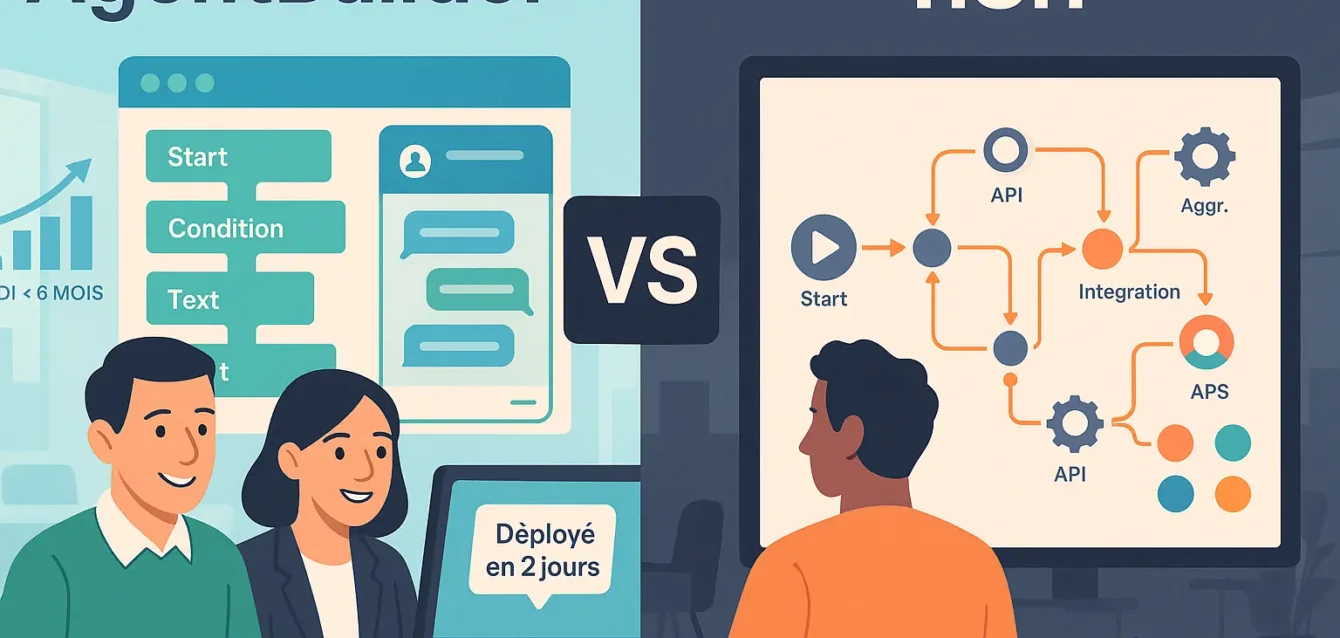 AgentBuilder vs n8n : simplicité no-code contre automatisation sur mesure Comparatif AgentBuilder vs n8n : chatbot no-code à gauche et workflow d'intégration à droite, représentant la simplicité vs la puissance d'automatisation