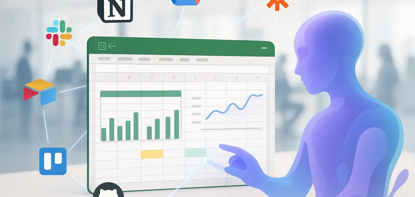 Claude intégré à Excel avec sept connecteurs clés, pour automatiser analyses et rapports. Couverture : Claude intégré à Excel entouré des icônes des 7 connecteurs (Slack, Notion, Google Drive, Zapier, Airtable, Trello, GitHub) et graphiques.