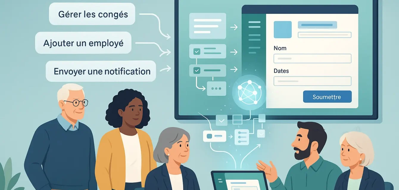 Équipe de PME belge utilisant un assistant IA pour générer une application métier sans écrire de code sur un écran d’ordinateur.