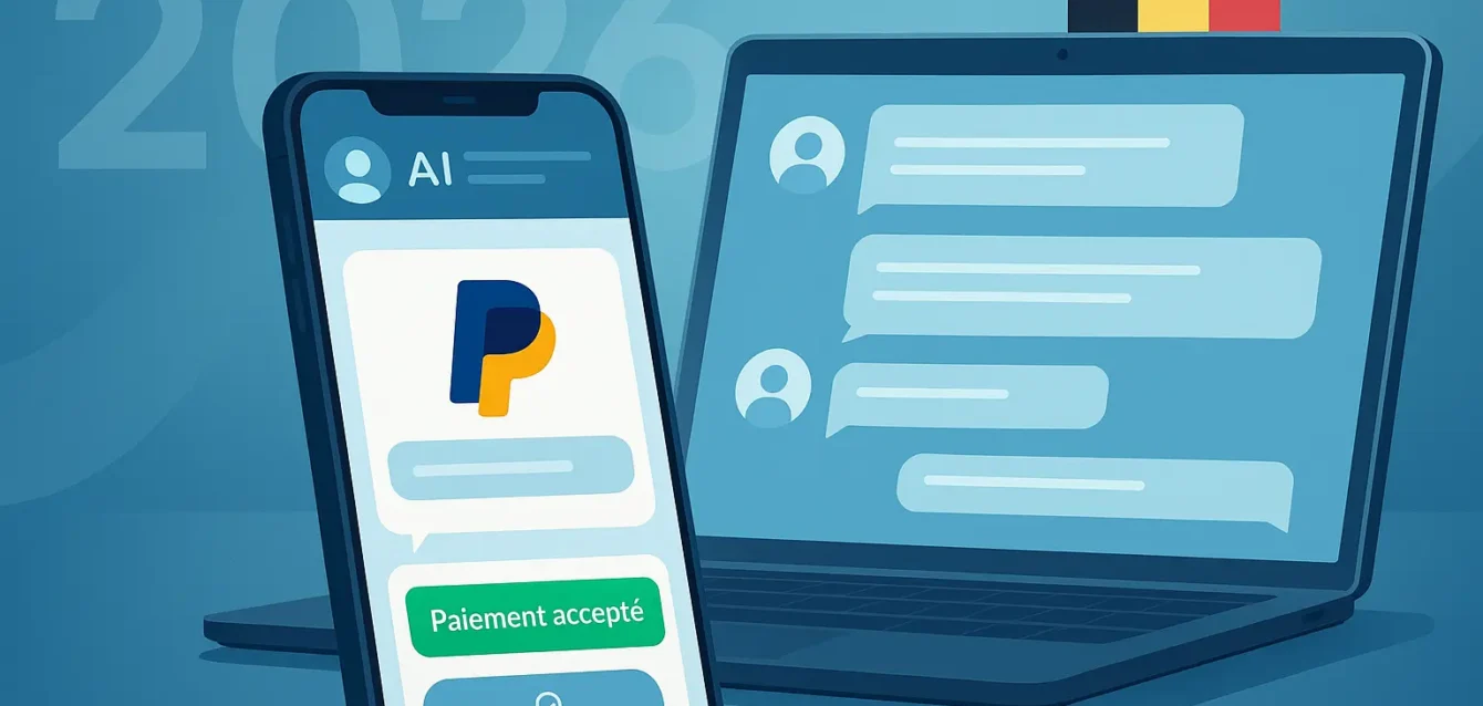 Assistant ChatGPT réalisant un paiement sécurisé via PayPal sur smartphone, avec symbole 2026 et référence visuelle à la Belgique.