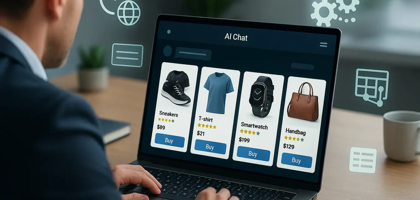 ChatGPT propose désormais des résultats shopping visuels : images, prix et liens directs vers les marchands. Interface ChatGPT affichant des widgets de shopping visuels avec prix et boutons Acheter, entrepreneur devant un ordinateur portable