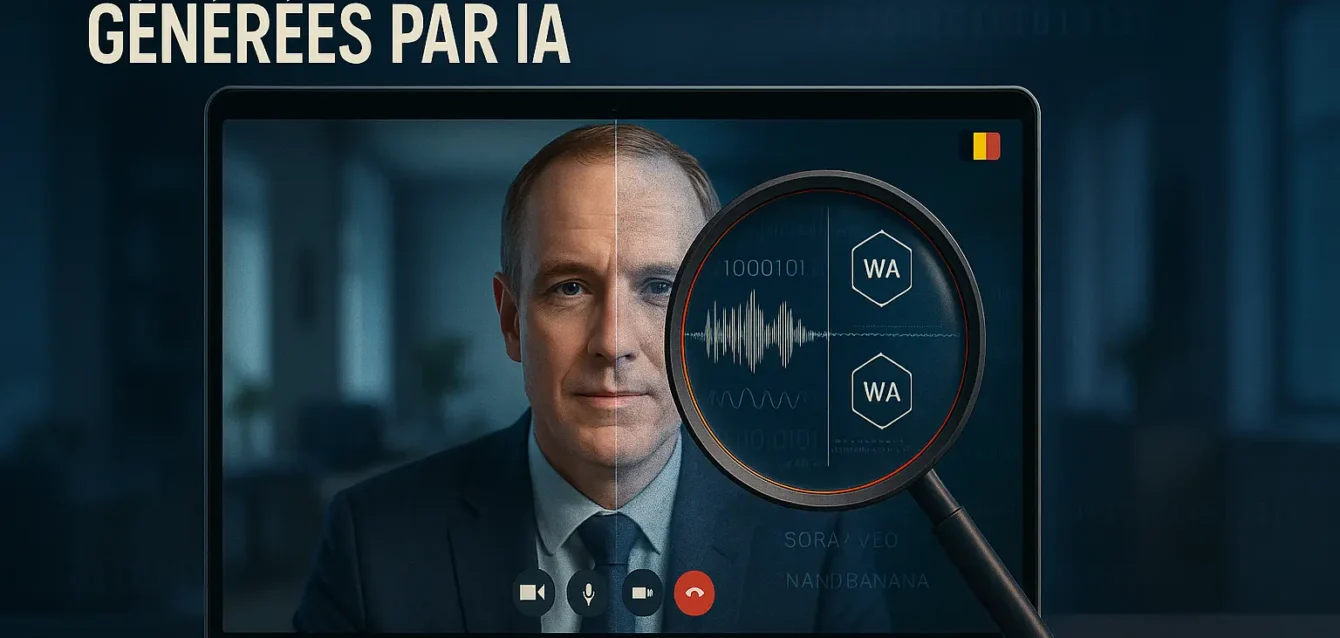 Écran d'ordinateur montrant un appel vidéo moitié réel, moitié deepfake, avec loupe révélant artefacts et icône de watermark numérique.
