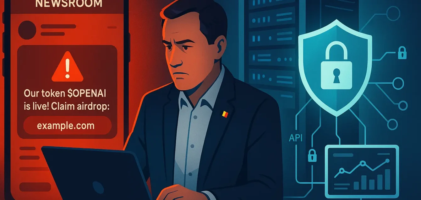 Illustration d’une fausse fuite OpenAI : tweet piraté à gauche et serveurs protégés par un bouclier à droite