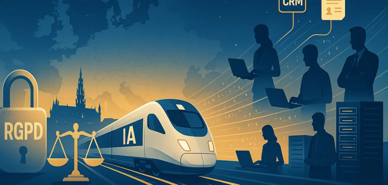 RGPD : l'Europe envisage d'assouplir les règles pour ne pas rater le train de l'IA. Train 'IA' traversant l'Europe avec un cadenas RGPD et silhouettes d'entreprises reliées par des flux de données.