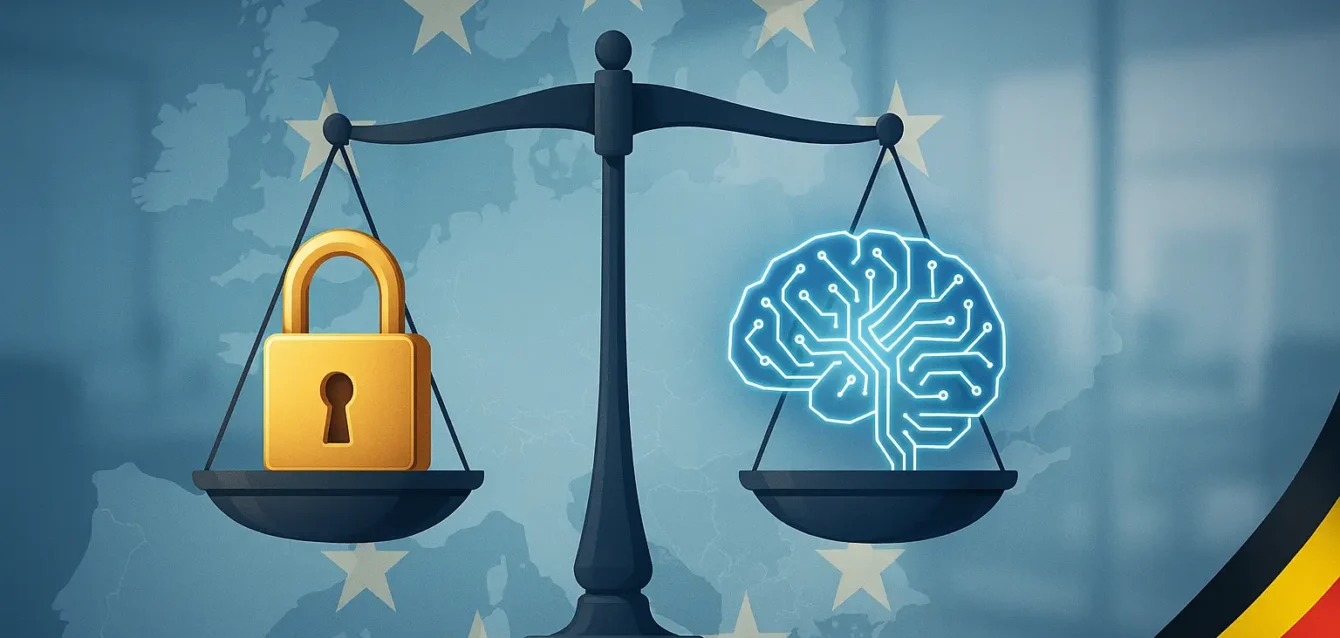 RGPD et IA : vers un nouvel équilibre entre vie privée et innovation en Europe Balance symbolique entre la protection des données (cadenas) et l’IA (cerveau électronique) devant une carte de l’Europe