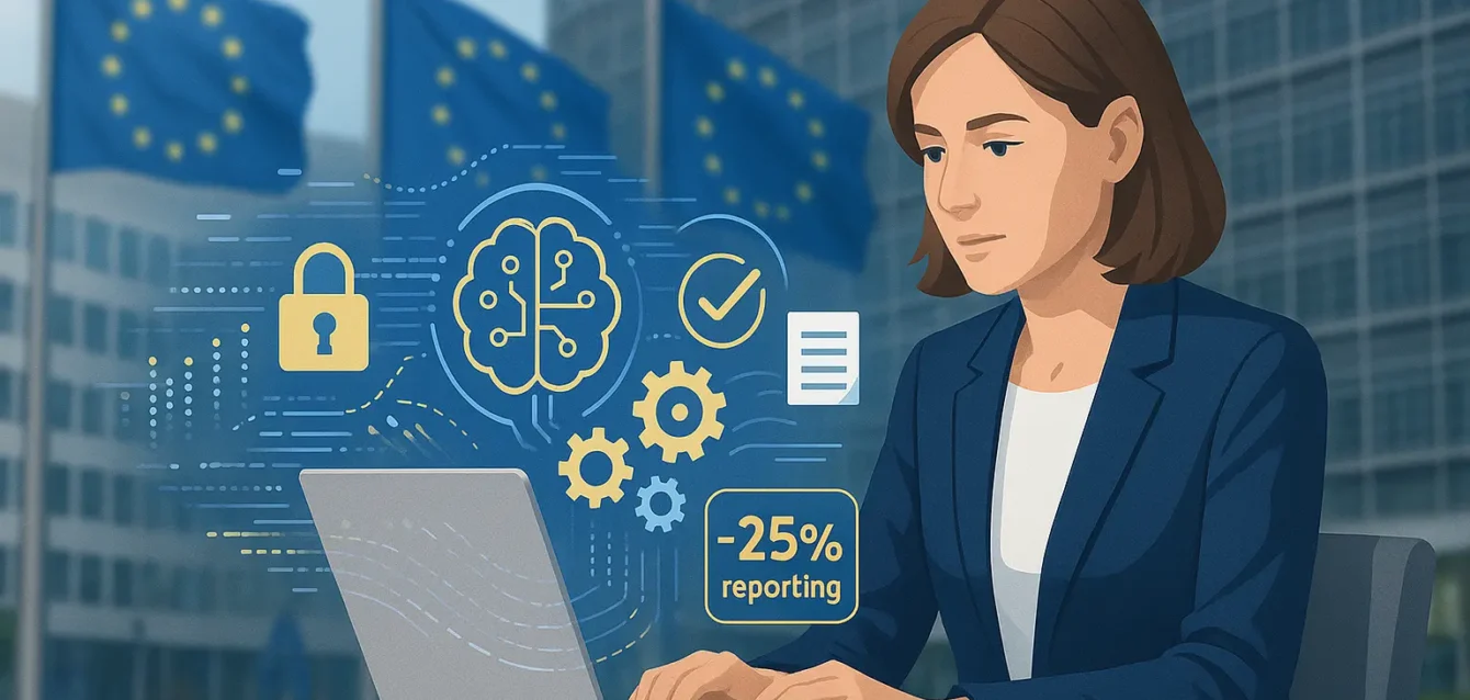 La Commission européenne lance la simplification de la réglementation numérique : opportunités d’automatisation pour les PME belges Dirigeant belge devant un écran avec hologrammes d'IA et icônes de conformité, devant le bâtiment de la Commission européenne