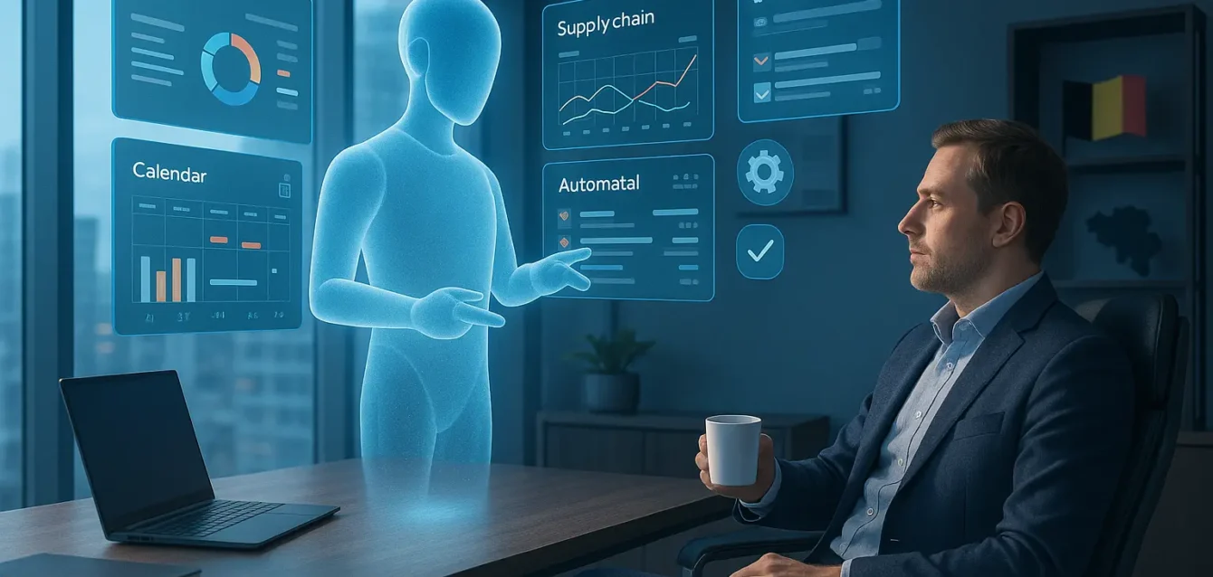 Les agents Copilot de 2026 : des assistants autonomes qui orchestrent les tâches et gagnent en productivité Bureau futuriste : agent holographique Copilot-like gère CRM, supply chain et tâches pour un dirigeant belge