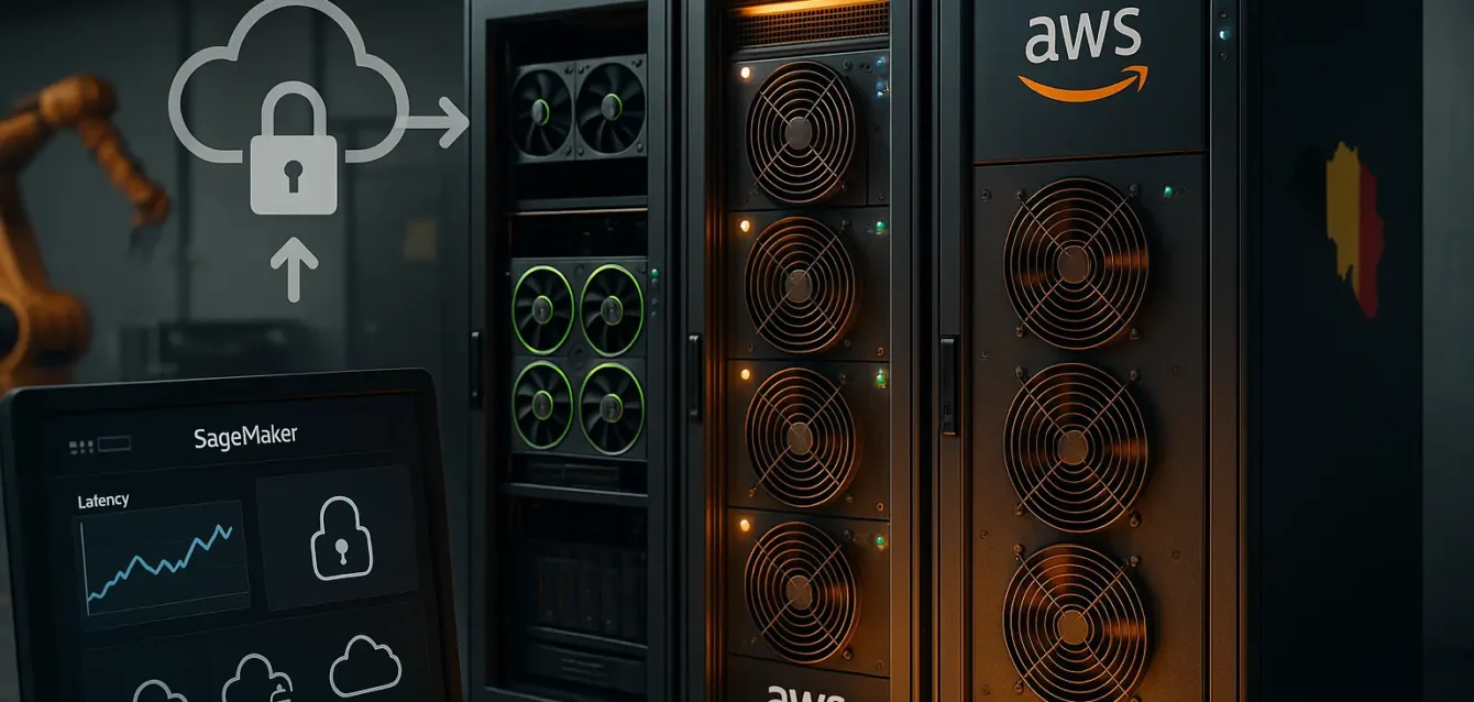 AI Factory On‑Premises : la puissance AWS dans vos locaux, avec sécurité et faible latence. Salle serveur avec racks AWS Outposts et GPU, icônes cloud et cadenas, drapeau belge en arrière‑plan