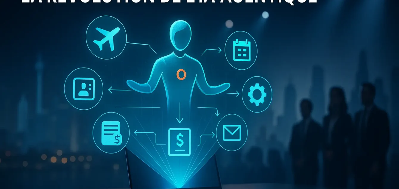 Agent IA holographique orchestrant tâches d'entreprise au-dessus d'un ordinateur portable, skyline floue de Las Vegas en arrière-plan.