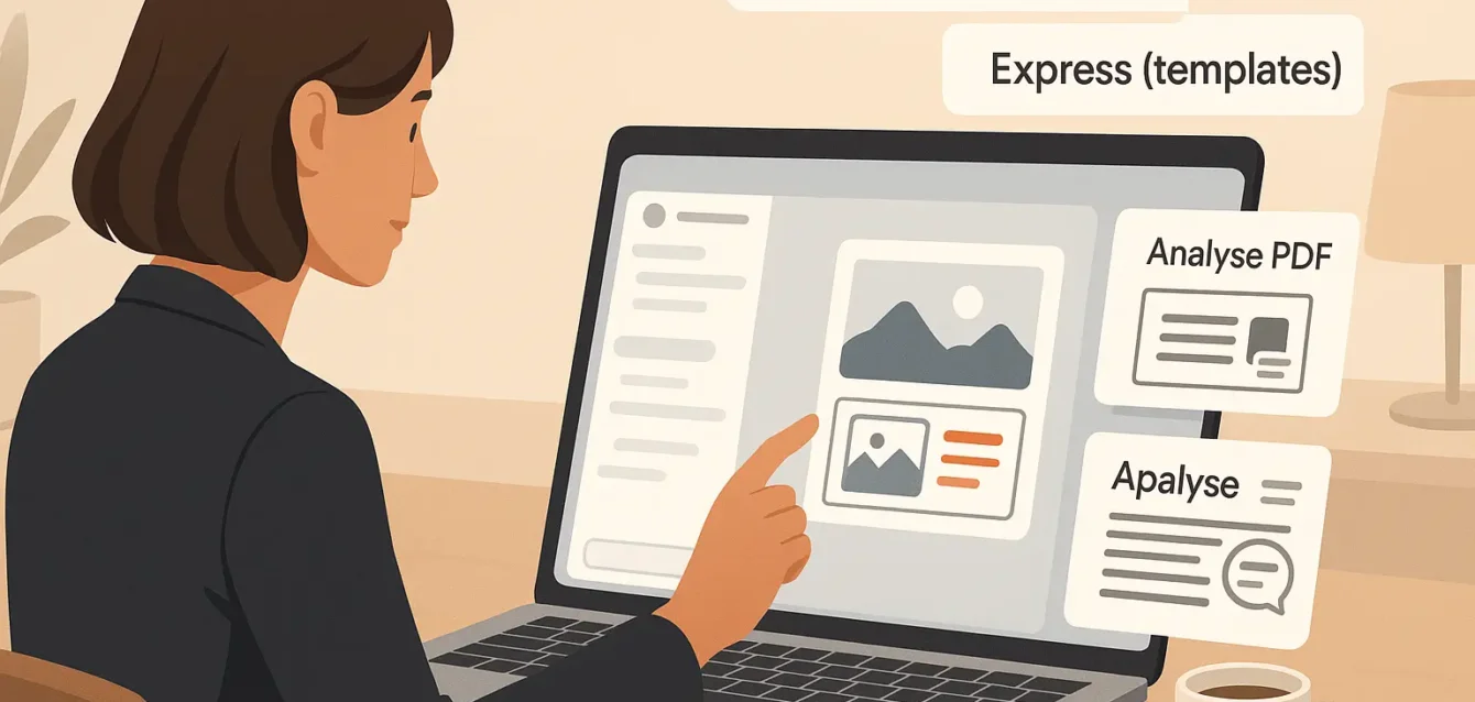 ChatGPT centralise Photoshop, Adobe Express et Acrobat pour créer et analyser sans quitter la conversation. Bureau moderne montrant ChatGPT avec panneaux « Design », « Express » et « Analyse PDF » représentant l’intégration d’outils Adobe pour création et analyse.