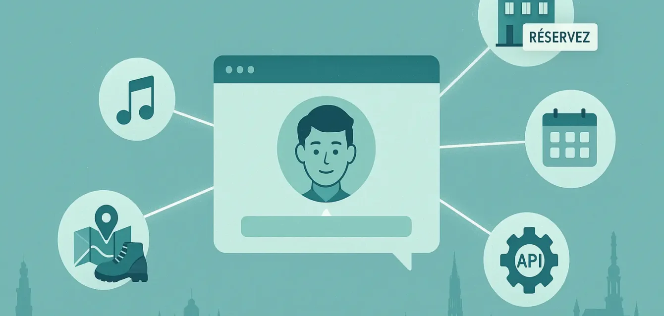 ChatGPT devient une plateforme d'action : réservations, playlists et itinéraires directement depuis la conversation. Assistant IA central relié à des icônes de musique, réservation et randonnée illustrant l'intégration de Spotify, Booking et AllTrails