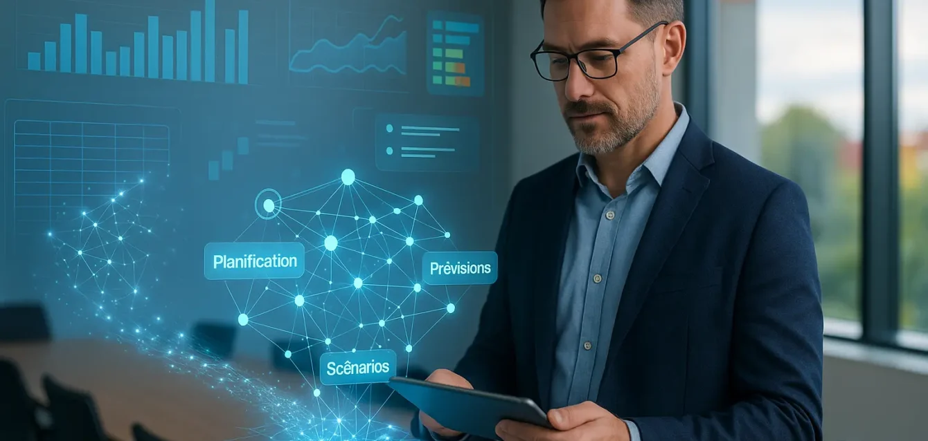Dirigeant observant une visualisation d'IA transformant un tableur en modèle de planification