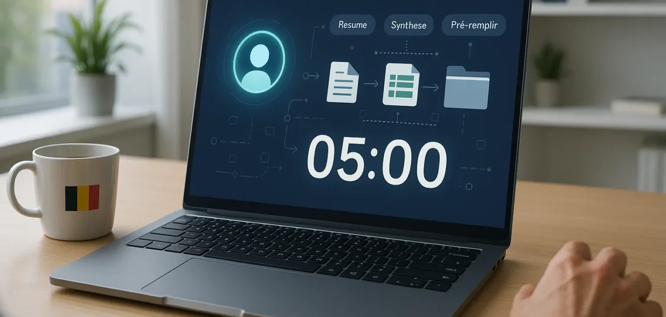 Bureau moderne avec ordinateur montrant un agent IA et un minuteur à 05:00, dirigeant et symbole discret belge