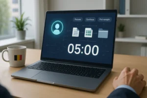 Bureau moderne avec ordinateur montrant un agent IA et un minuteur à 05:00, dirigeant et symbole discret belge