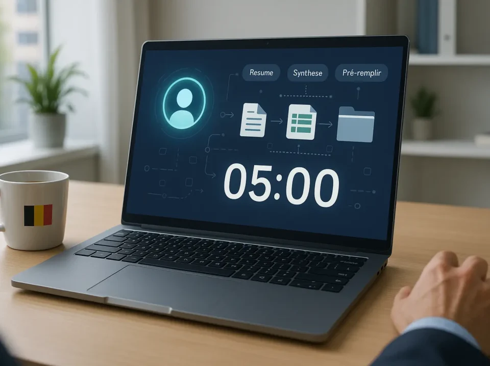 Créer un agent IA avec Google Workspace Studio en 5 minutes : simplicité et automatisation pour les dirigeants Bureau moderne avec ordinateur montrant un agent IA et un minuteur à 05:00, dirigeant et symbole discret belge