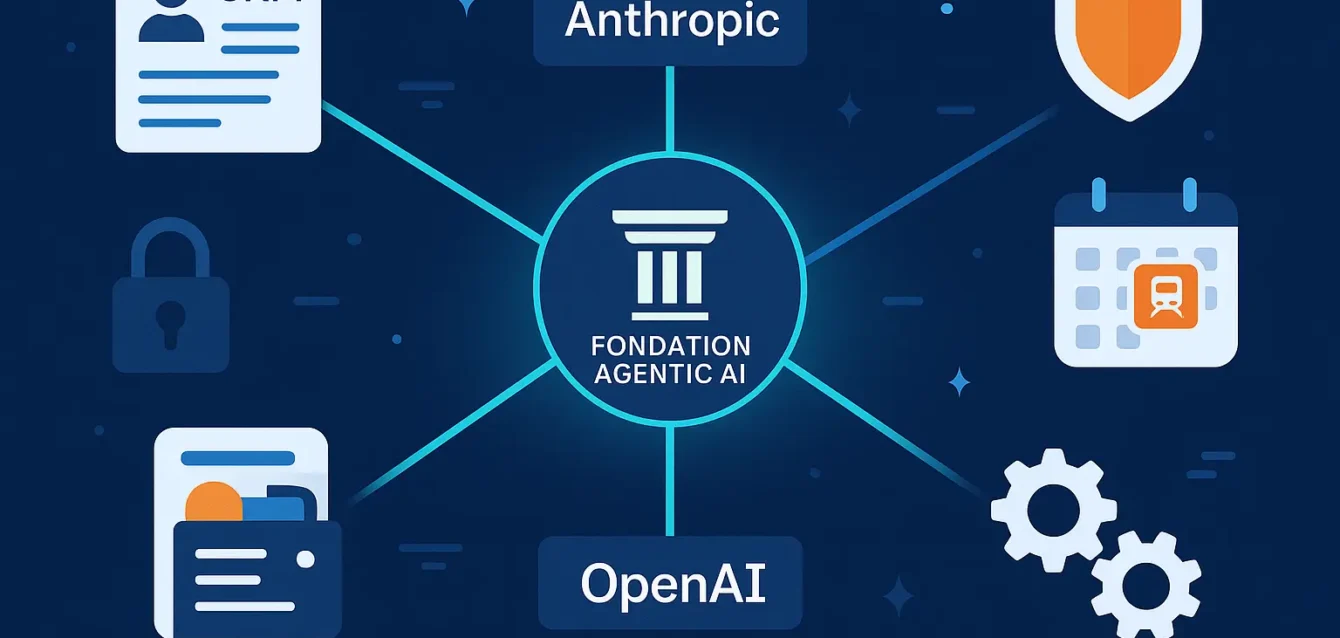 Fondation Agentic AI : vers des agents IA interopérables, sécurisés et standardisés Réseau d'agents IA interconnectés sous l'égide d'une fondation, symbolisant interopérabilité et sécurité