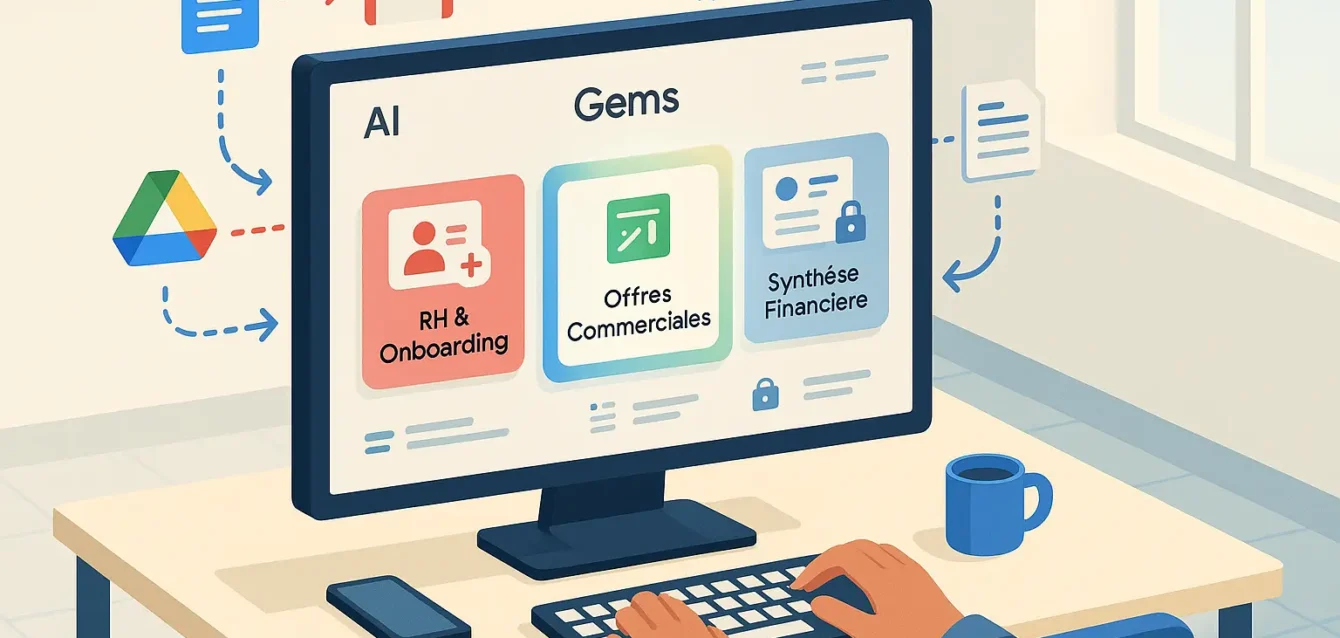 Interface Google Gemini affichant des Gems : mini‑applications IA intégrées à Google Workspace pour PME