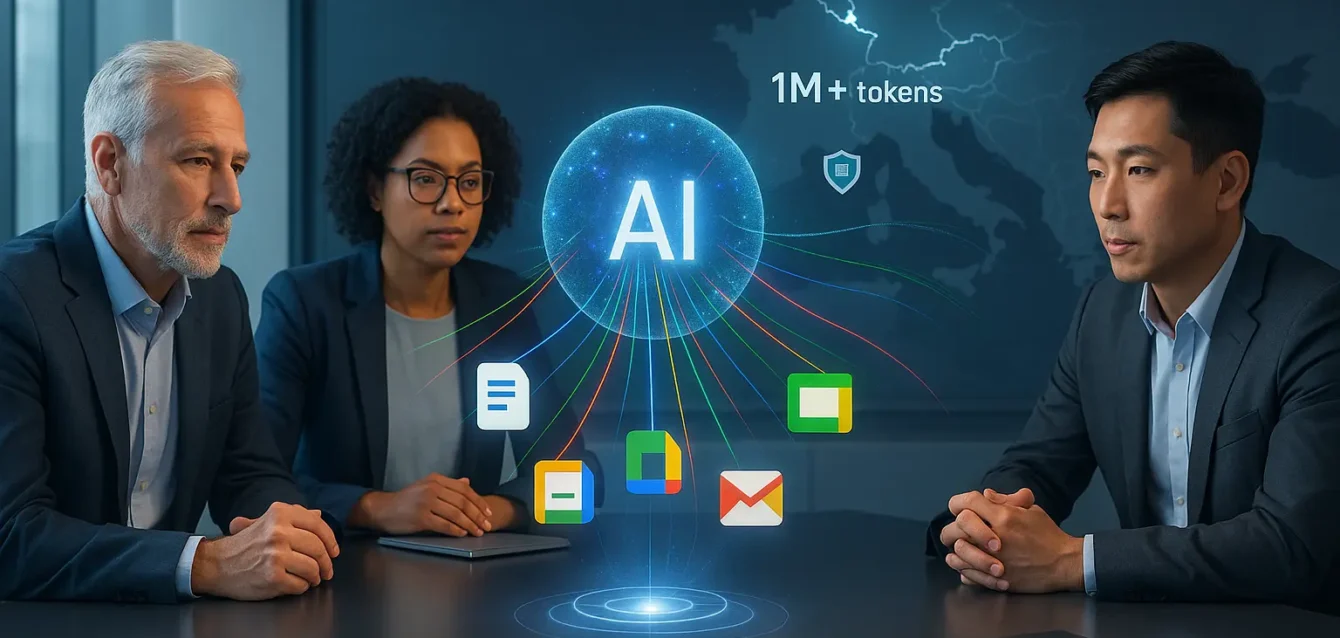 Tester Gemini 3 Pro en France : accès, intégration Workspace et enjeux RGPD pour les entreprises. Professionnels autour d'un hologramme symbolisant Gemini 3 Pro, intégration Workspace et analyse multimodale, carte Europe avec France/Belgique et icône RGPD.
