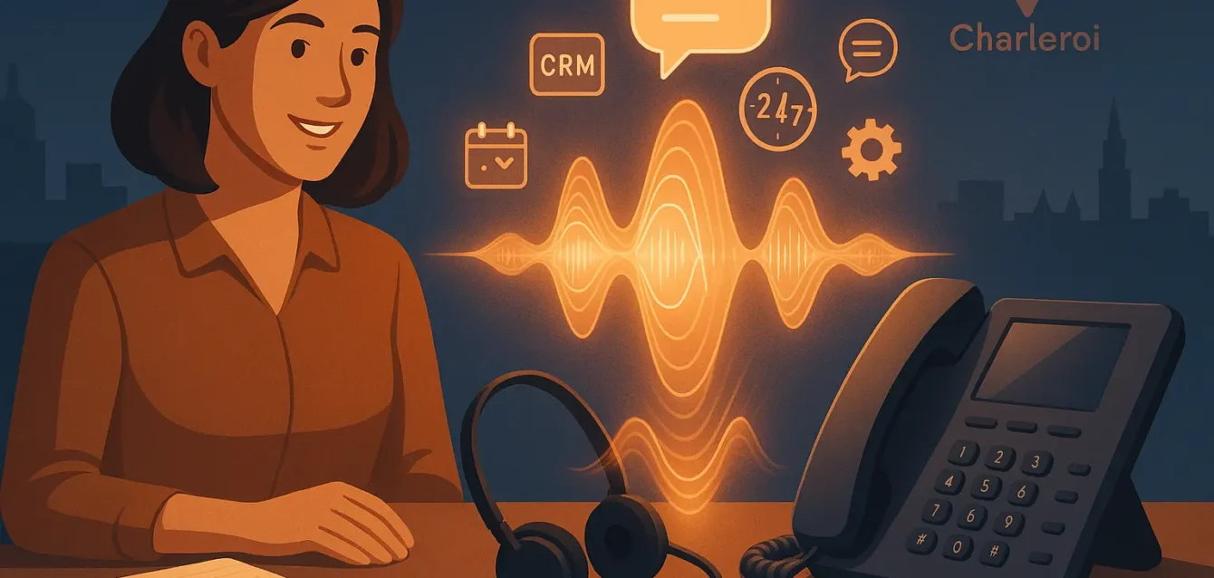 Hologramme d'assistant vocal au-dessus d'un téléphone de bureau, employé souriant, icônes CRM et 24/7