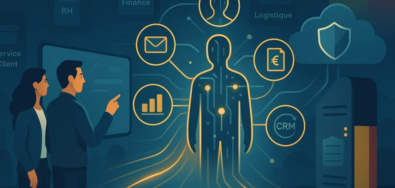 Illustration d'un agent IA privé automatisant les processus métiers avec cloud sécurisé et équipes supervisant