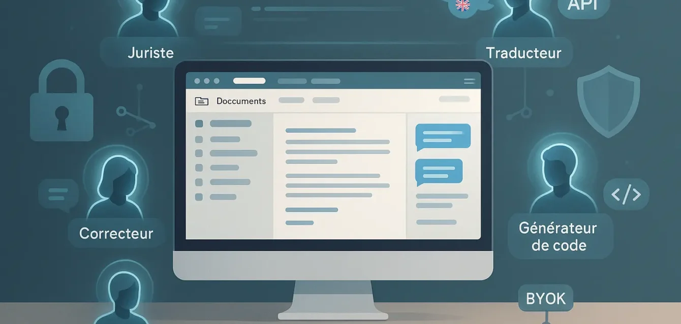 Couverture : espace de travail collaboratif en ligne avec agents IA intégrés et icônes de sécurité