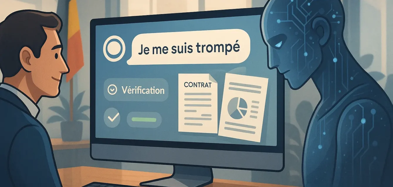 Illustration d'un chatbot IA admettant une erreur sur un écran avec une loupe et des documents, drapeau belge discret en arrière-plan