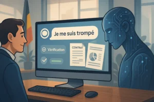 Illustration d'un chatbot IA admettant une erreur sur un écran avec une loupe et des documents, drapeau belge discret en arrière-plan