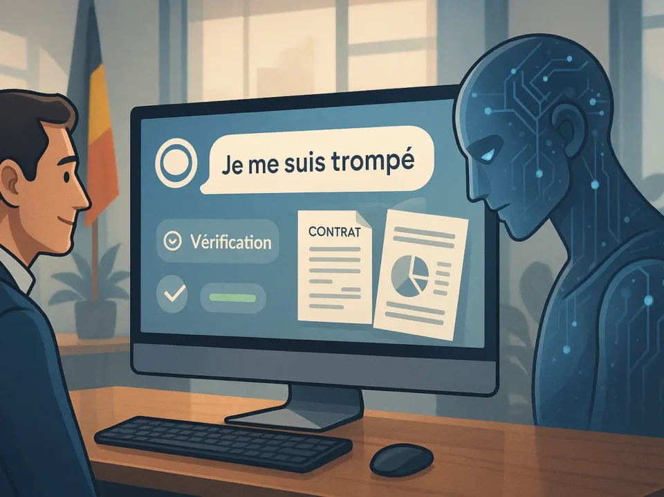 ChatGPT apprend à reconnaître et avouer ses erreurs, rendant l'IA plus fiable pour les entreprises. Illustration d'un chatbot IA admettant une erreur sur un écran avec une loupe et des documents, drapeau belge discret en arrière-plan
