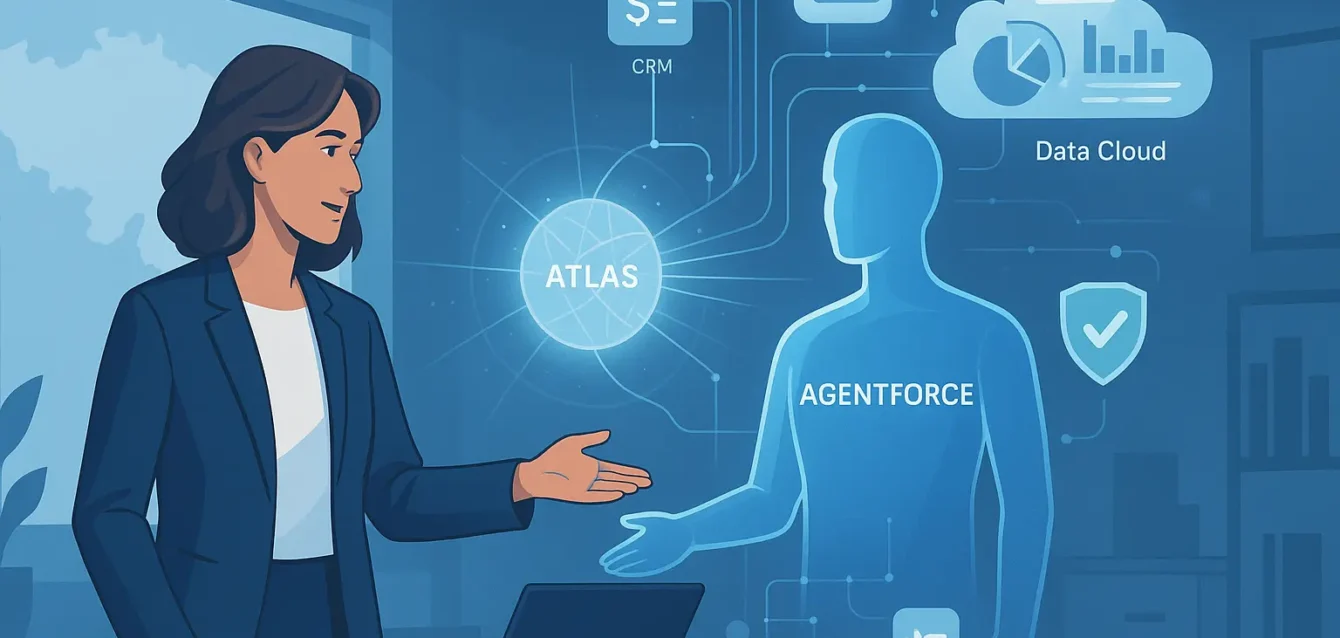 Agentforce et Atlas : l'IA autonome de Salesforce pour une automatisation fiable Couverture : agent autonome Agentforce et moteur Atlas illustrant une IA fiable intégrée au Data Cloud