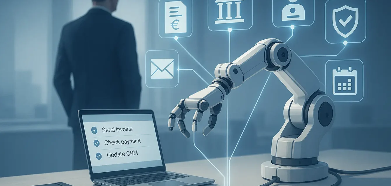 Agents IA et « Skills » : l'IA passe de la conversation à l'action Dirigeant supervisant une IA agentique manipulant factures, CRM et comptes bancaires via interfaces holographiques