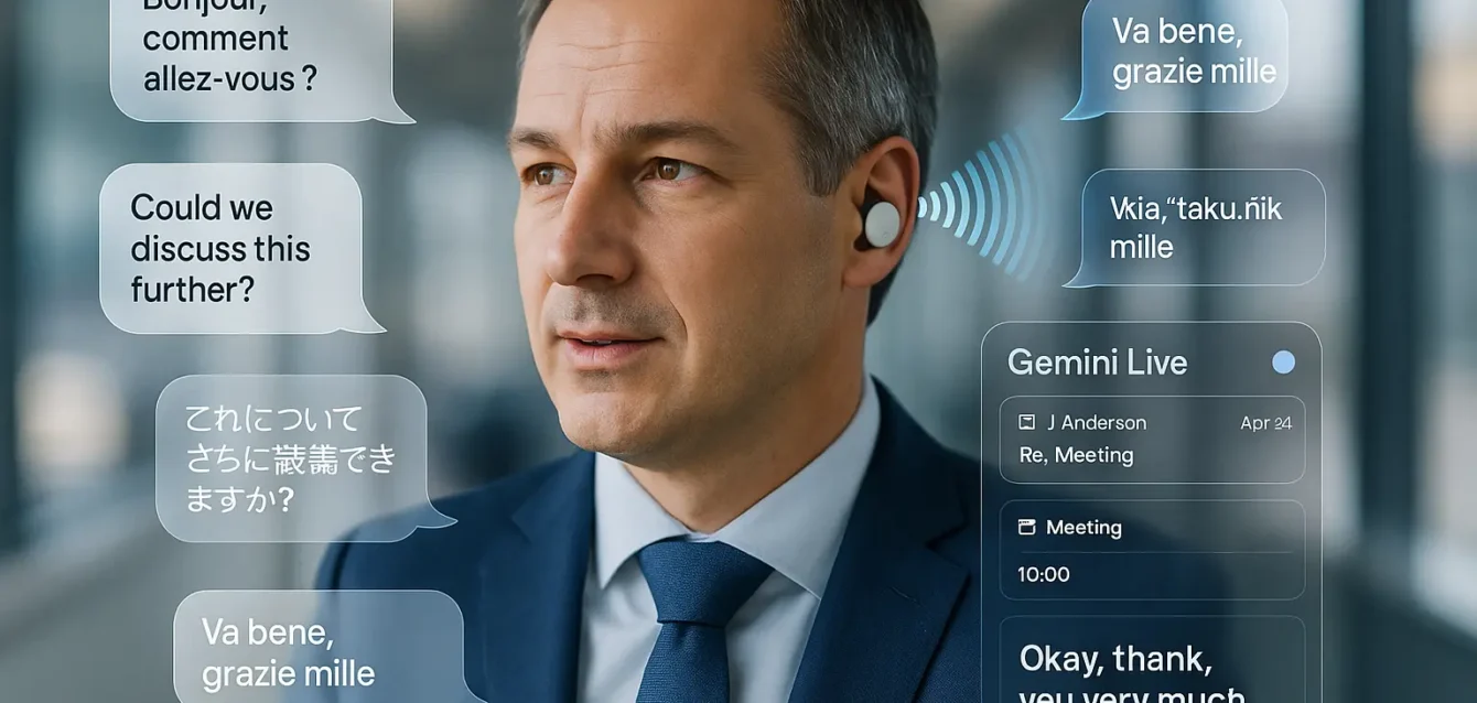 Pixel Buds équipés de Gemini : traduction instantanée et assistant vocal pour une productivité mobile accrue Dirigeant portant des Pixel Buds utilisant Gemini pour traduction vocale instantanée et productivité mains‑libres
