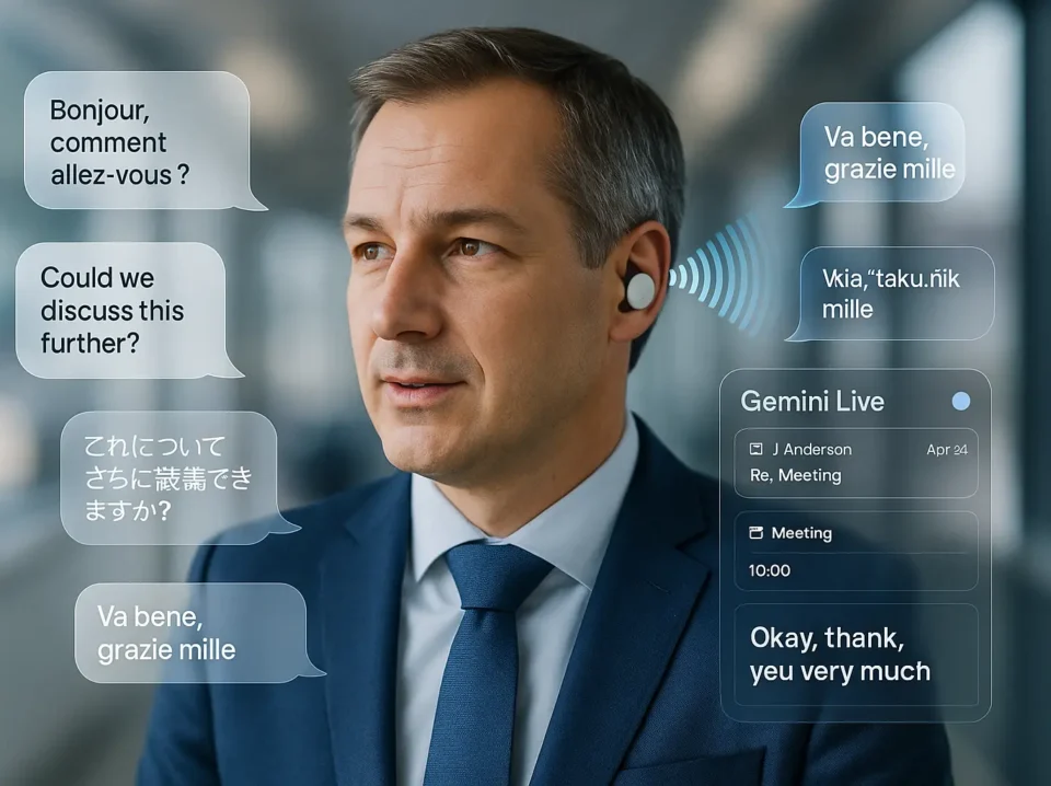 Dirigeant portant des Pixel Buds utilisant Gemini pour traduction vocale instantanée et productivité mains‑libres