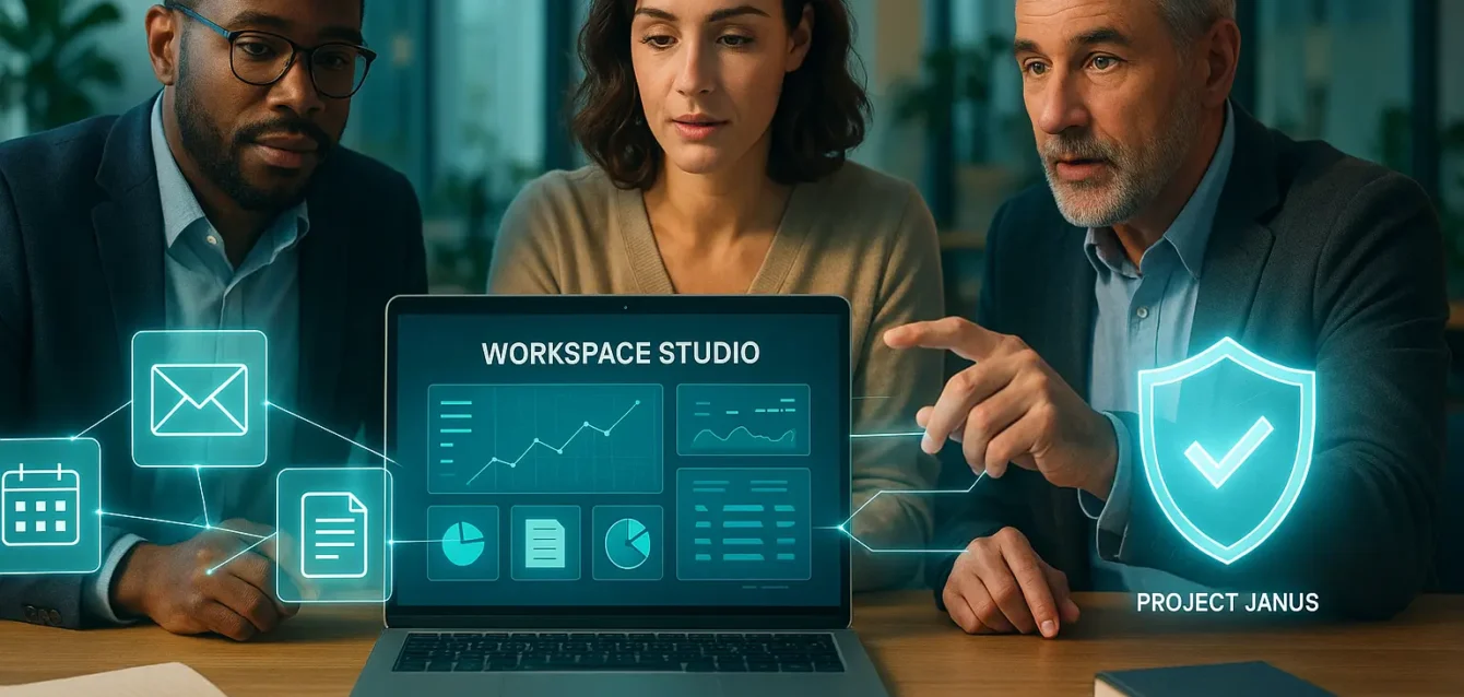 Couverture : interface holographique Workspace Studio montrant des agents IA accédant à e‑mails, documents et calendrier, avec un bouclier « Project Janus » pour la sécurité.