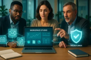 Couverture : interface holographique Workspace Studio montrant des agents IA accédant à e‑mails, documents et calendrier, avec un bouclier « Project Janus » pour la sécurité.